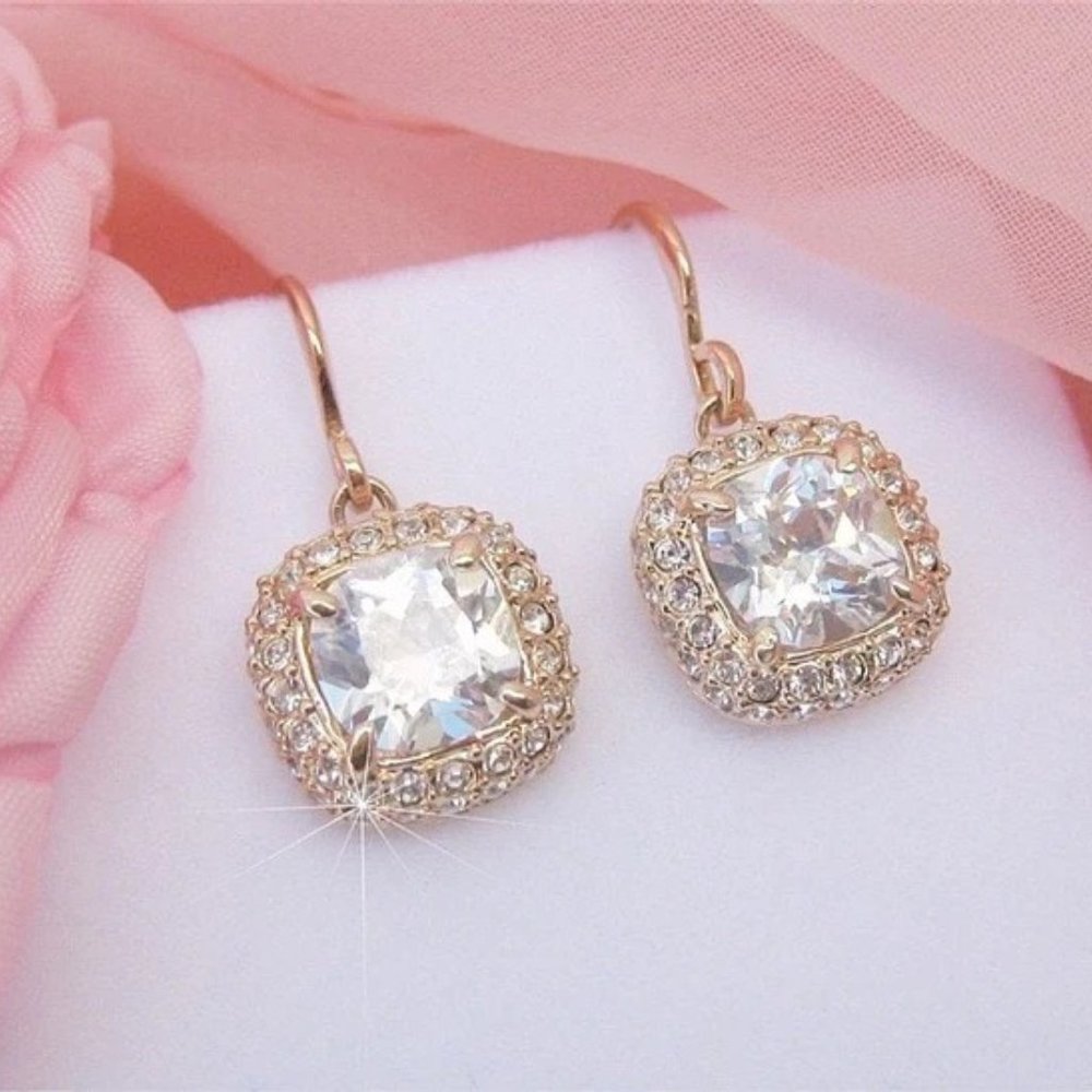 Cubic Zirconia Rose Gold Cushion Cut Drop Earrings
